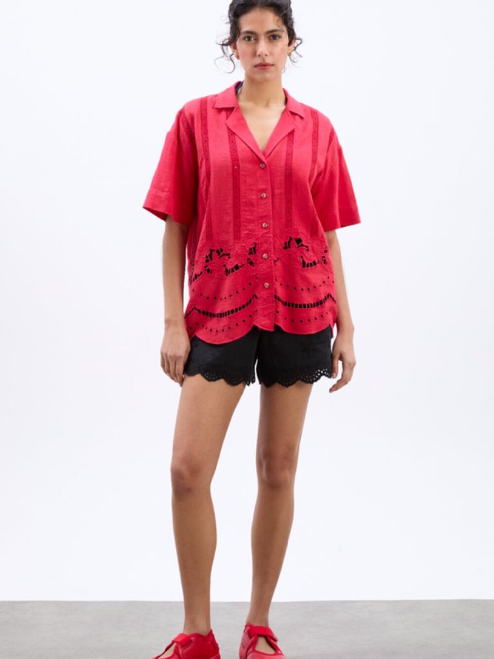 Damson Madder Martina Oversize Eyelet Shirt Top Button Red M 10